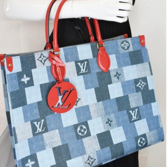❗️SOLD❗️2×🎉HP🎉Louis Vuitton Denim Damier Monogram Blue Rouge Onthego GM - Picture 12 of 16